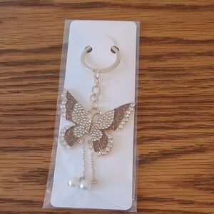 Butterfly Keychain with Clear Rhinestones Brown Wings